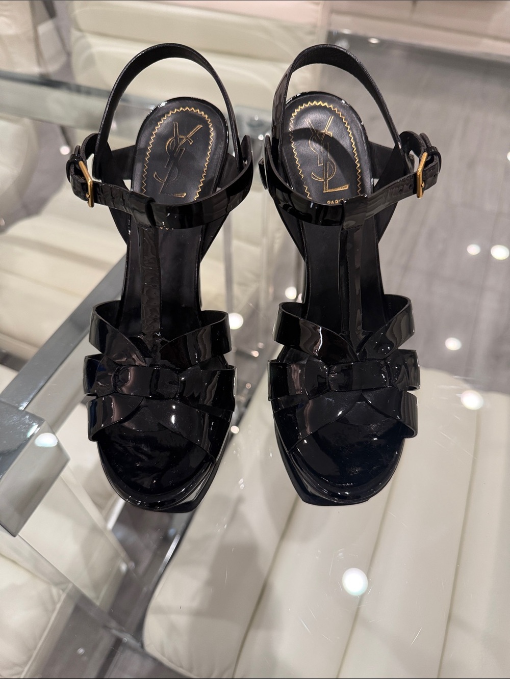 Saint Laurent Black Patent Leather Braided T-Strap Heel Sandals - Picture 2 of 12